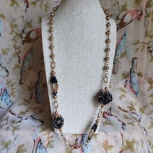 Glass Seed Black Bead Balls Vintage Gold Tone Beads Baubles Long Beaded Necklace